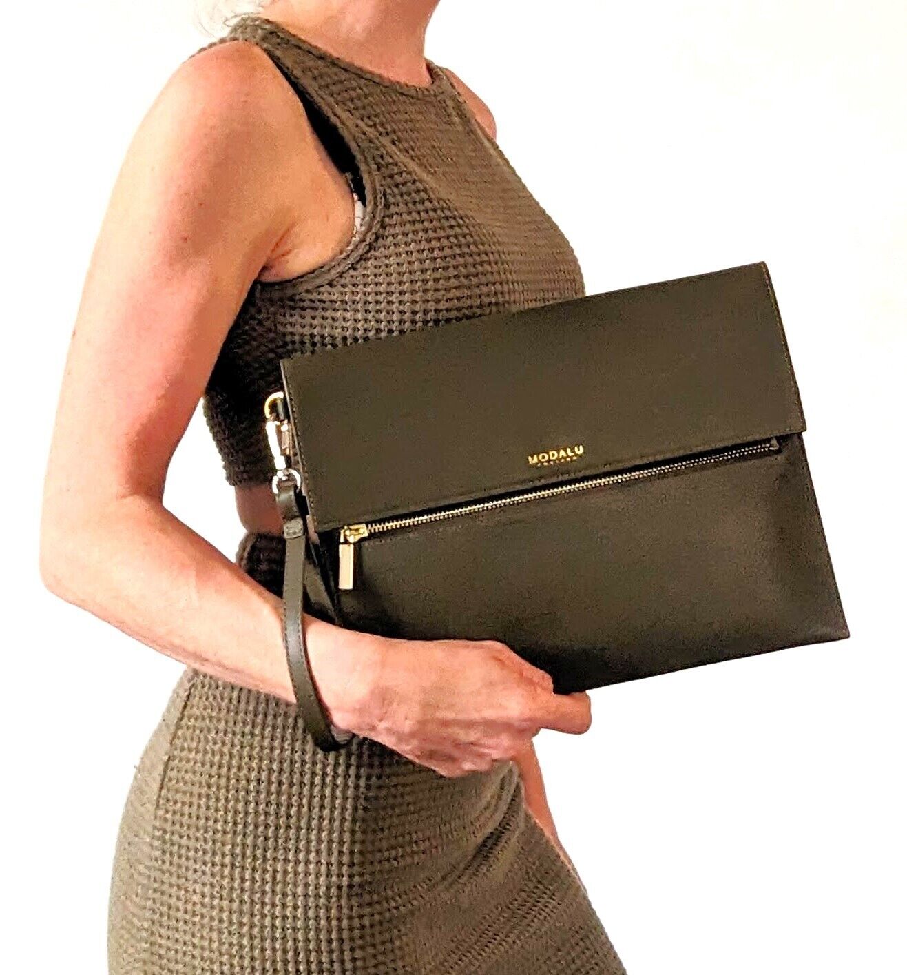 LEATHER MODALU KHAKI ERIN CLUTCH WRISTLET RRP £99